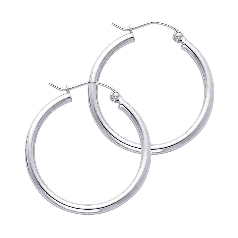 14KW 2mm Round Tube Polished Hoop Earrings (25mm)