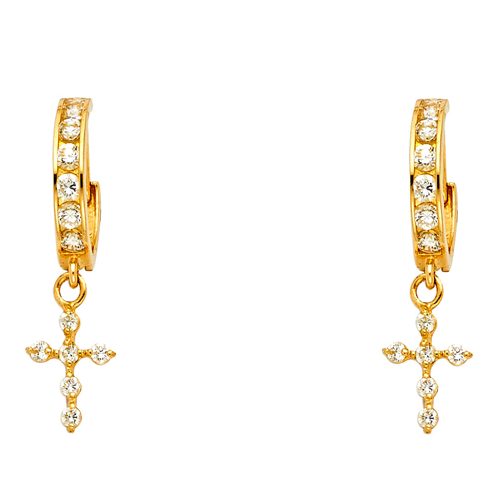 14KY CZ Dangle Cross Huggies Earrings