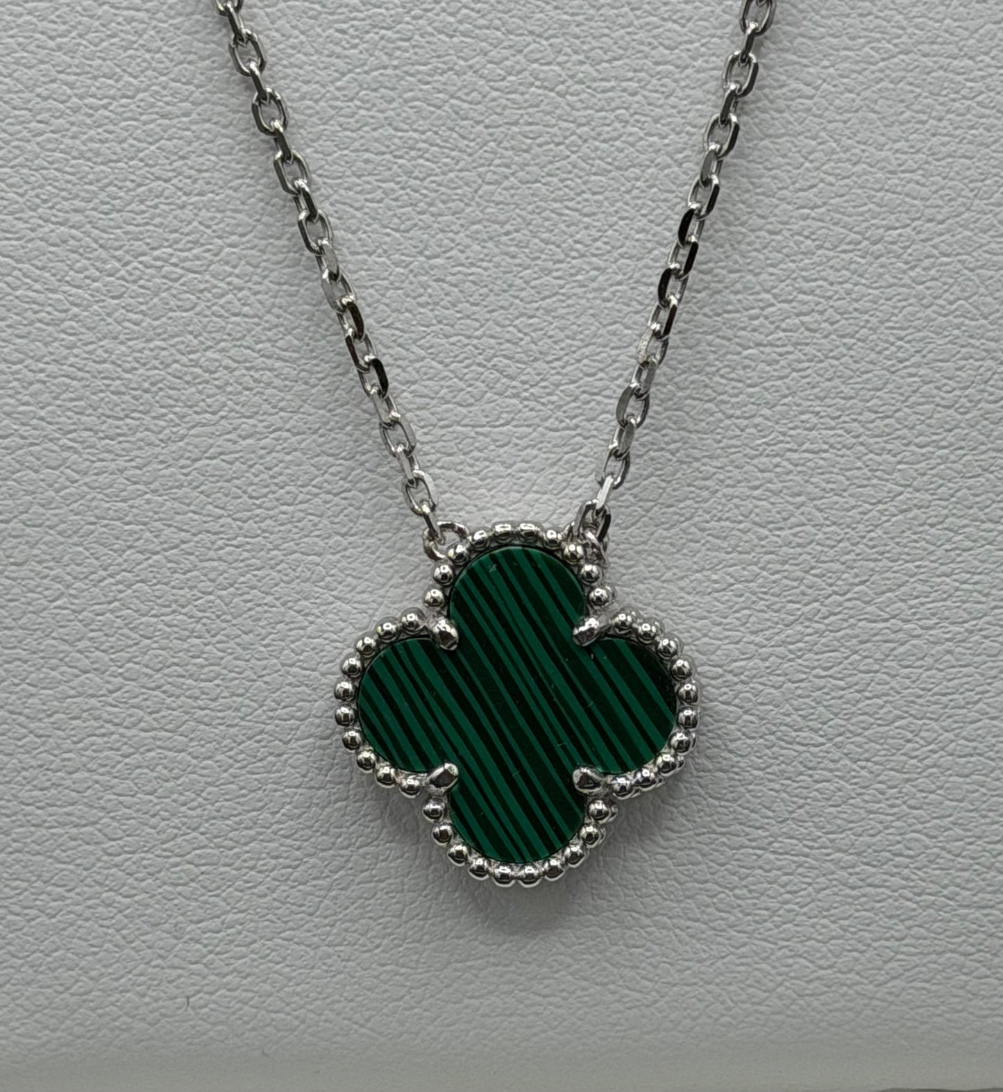 Green Striped Clover Sterling Silver Necklace