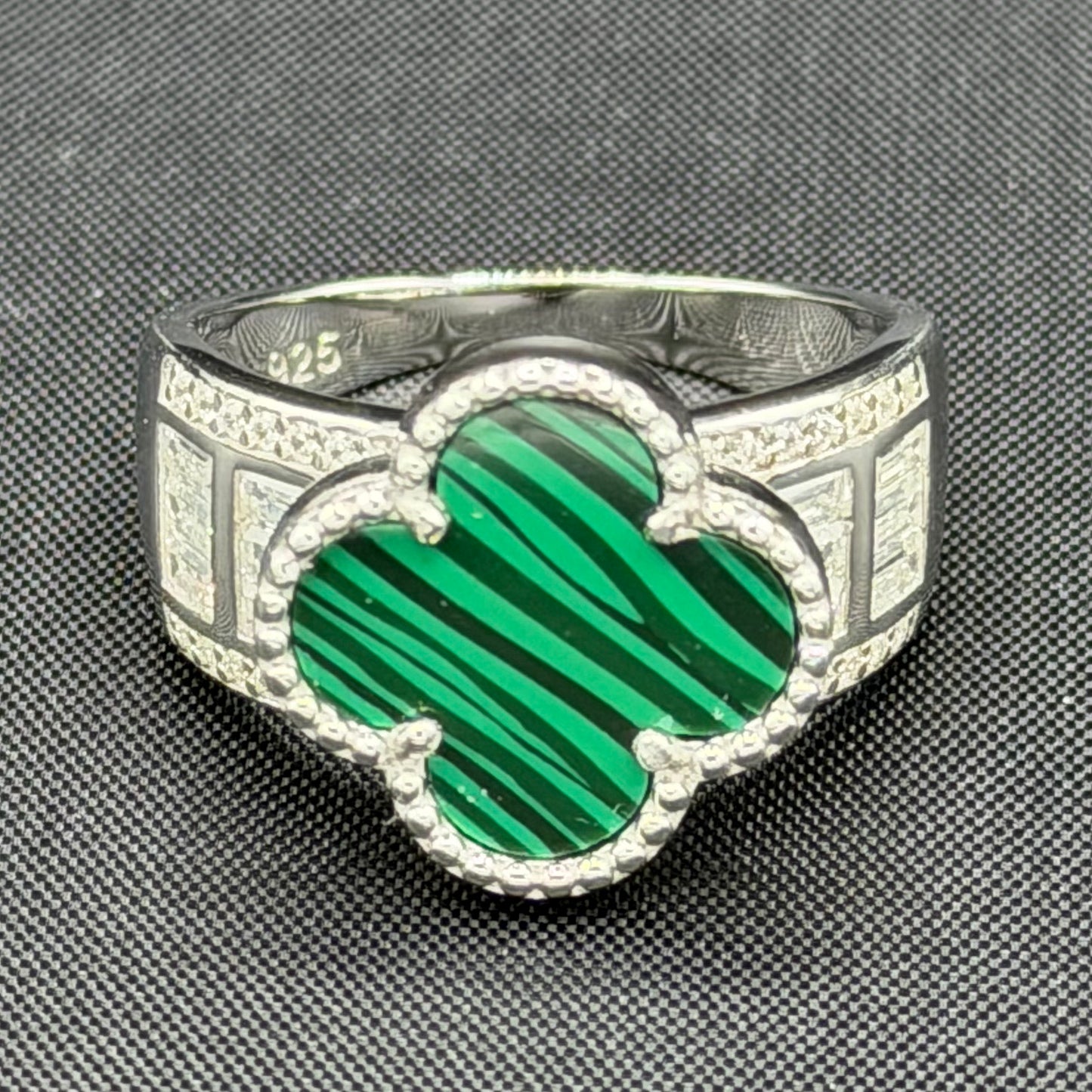 Green Striped Sterling Silver Clover Ring