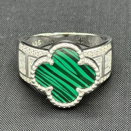 Green Striped Sterling Silver Clover Ring