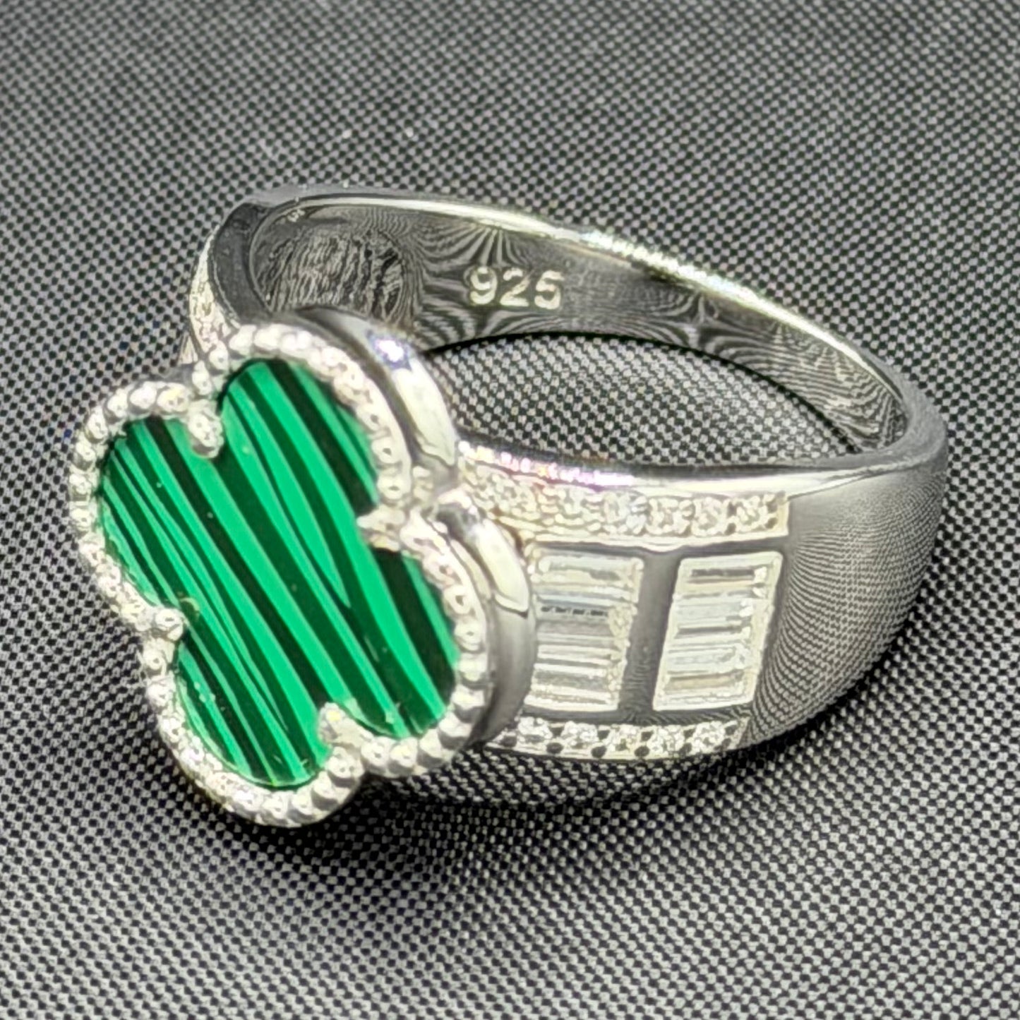 Green Striped Sterling Silver Clover Ring