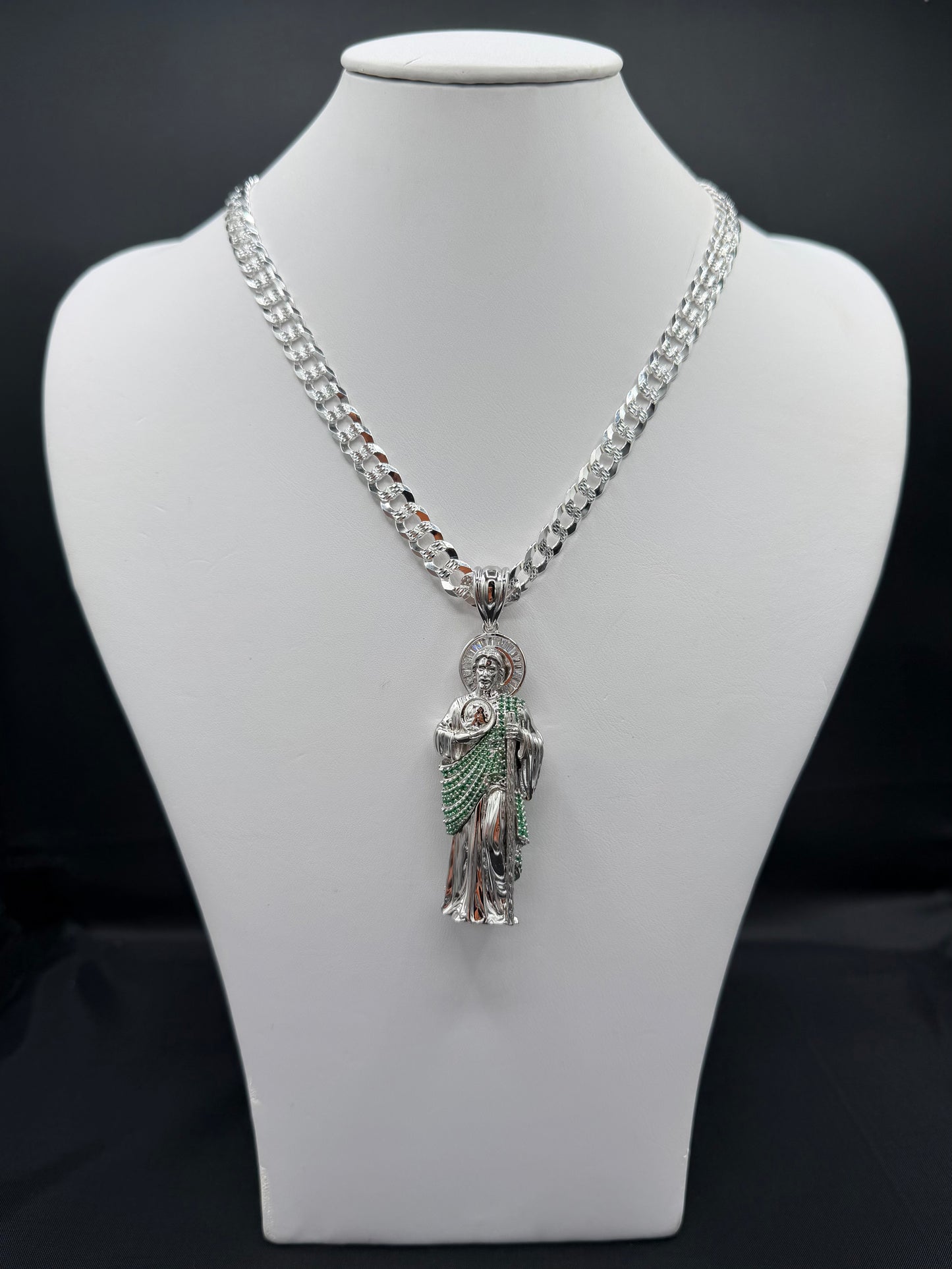 Saint Judas Pendant and Bevelled Curb Diamond Cut 24" Chain Sterling Silver Set