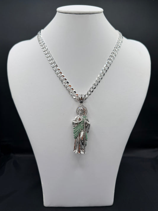 Saint Judas Pendant and Bevelled Curb Diamond Cut 24" Chain Sterling Silver Set