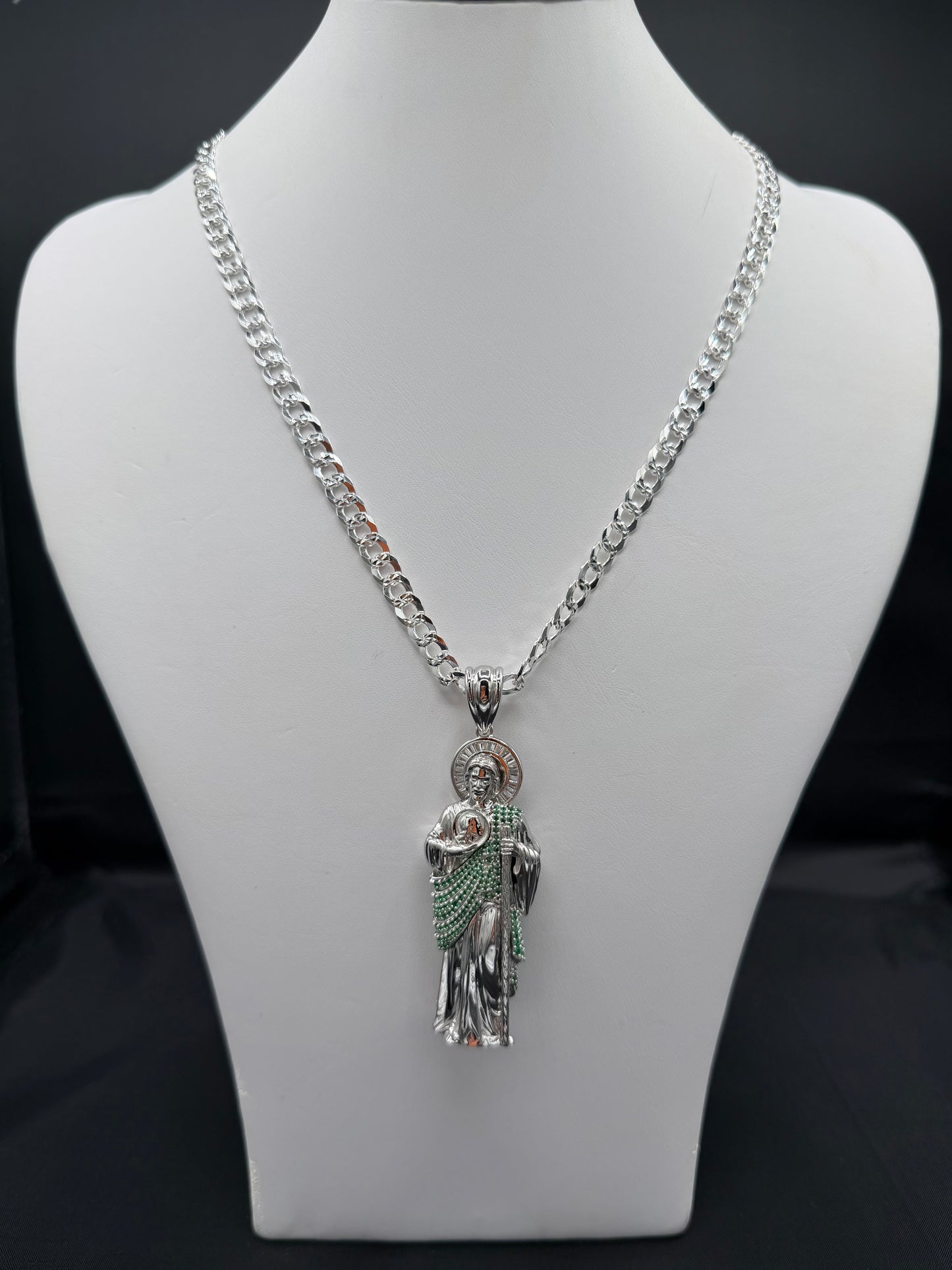 Saint Judas Pendant and Bevelled Curb Diamond Cut 24" Chain Sterling Silver Set