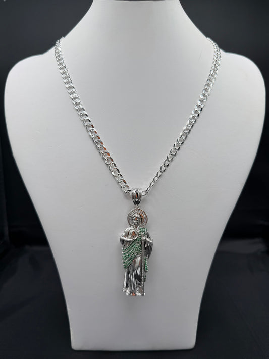 Saint Judas Pendant and Bevelled Curb Diamond Cut 24" Chain Sterling Silver Set