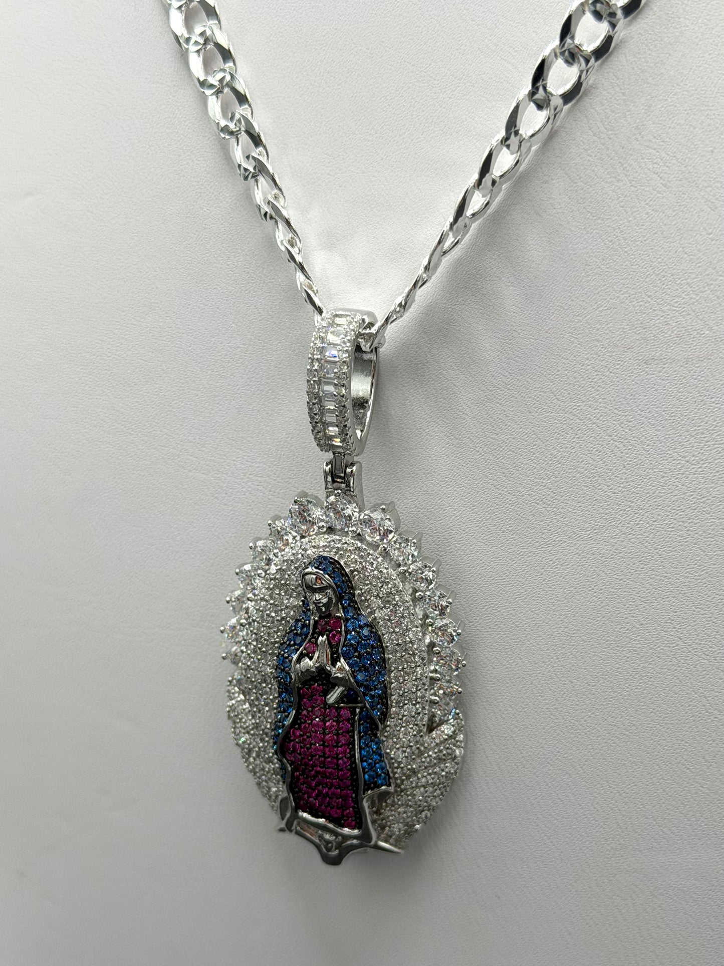 Virgin Mary Pendant and Bevelled Curb Diamond Cut 24" Chain Sterling Silver Set