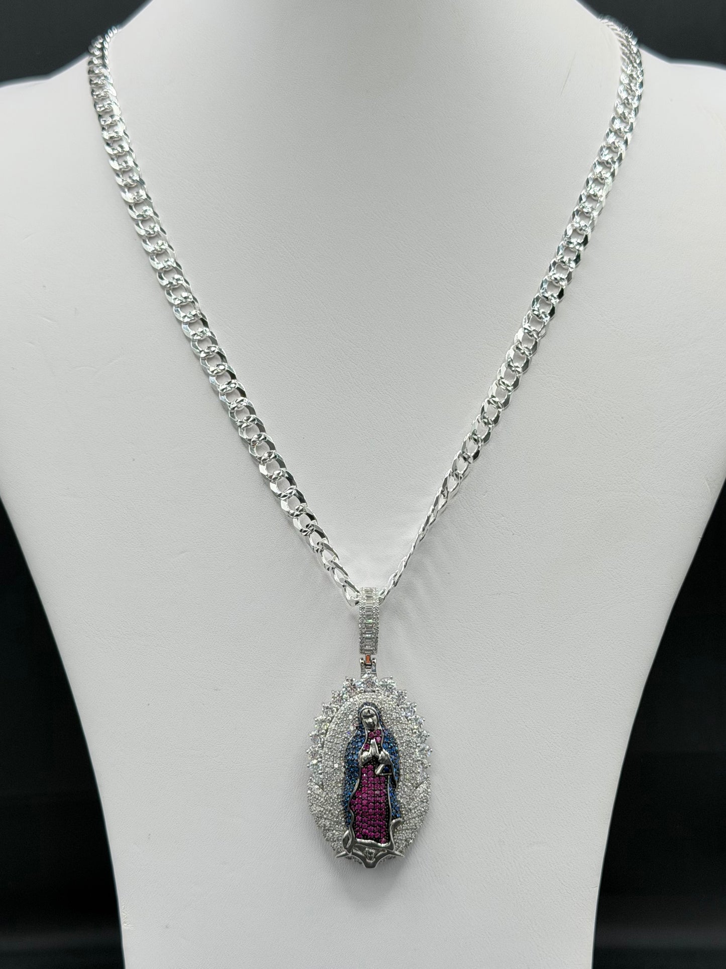 Virgin Mary Pendant and Bevelled Curb Diamond Cut 24" Chain Sterling Silver Set