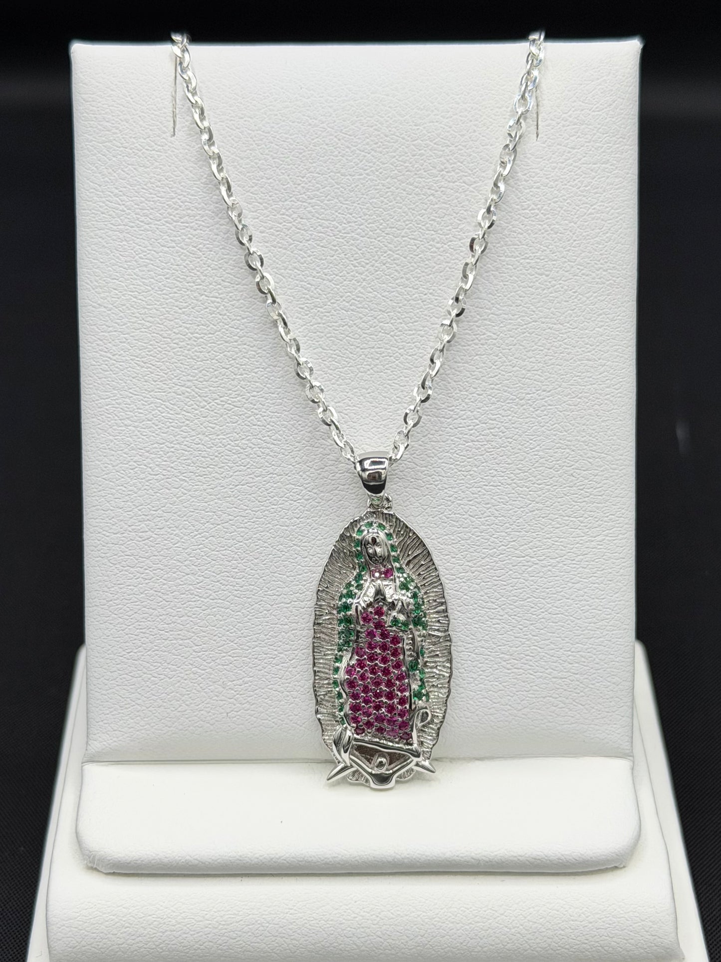 Virgin Mary Pendant and Rolo 20" Chain Sterling Silver Set