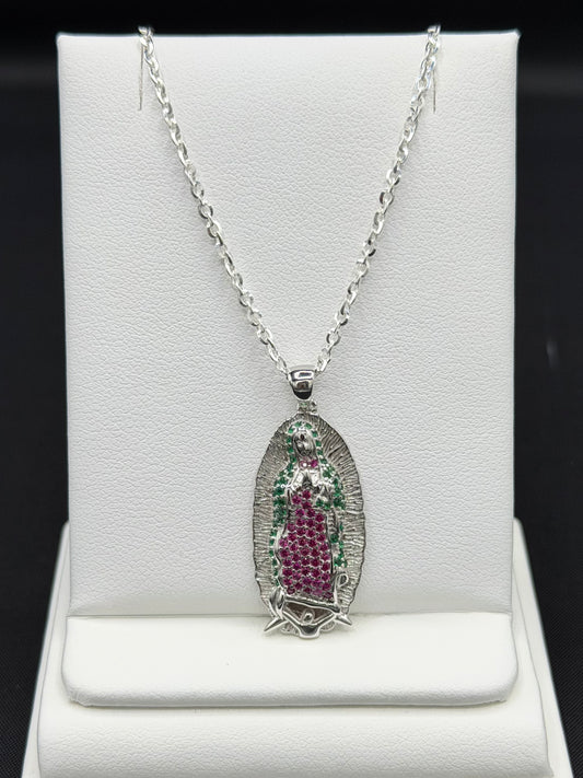 Virgin Mary Pendant and Rolo 20" Chain Sterling Silver Set