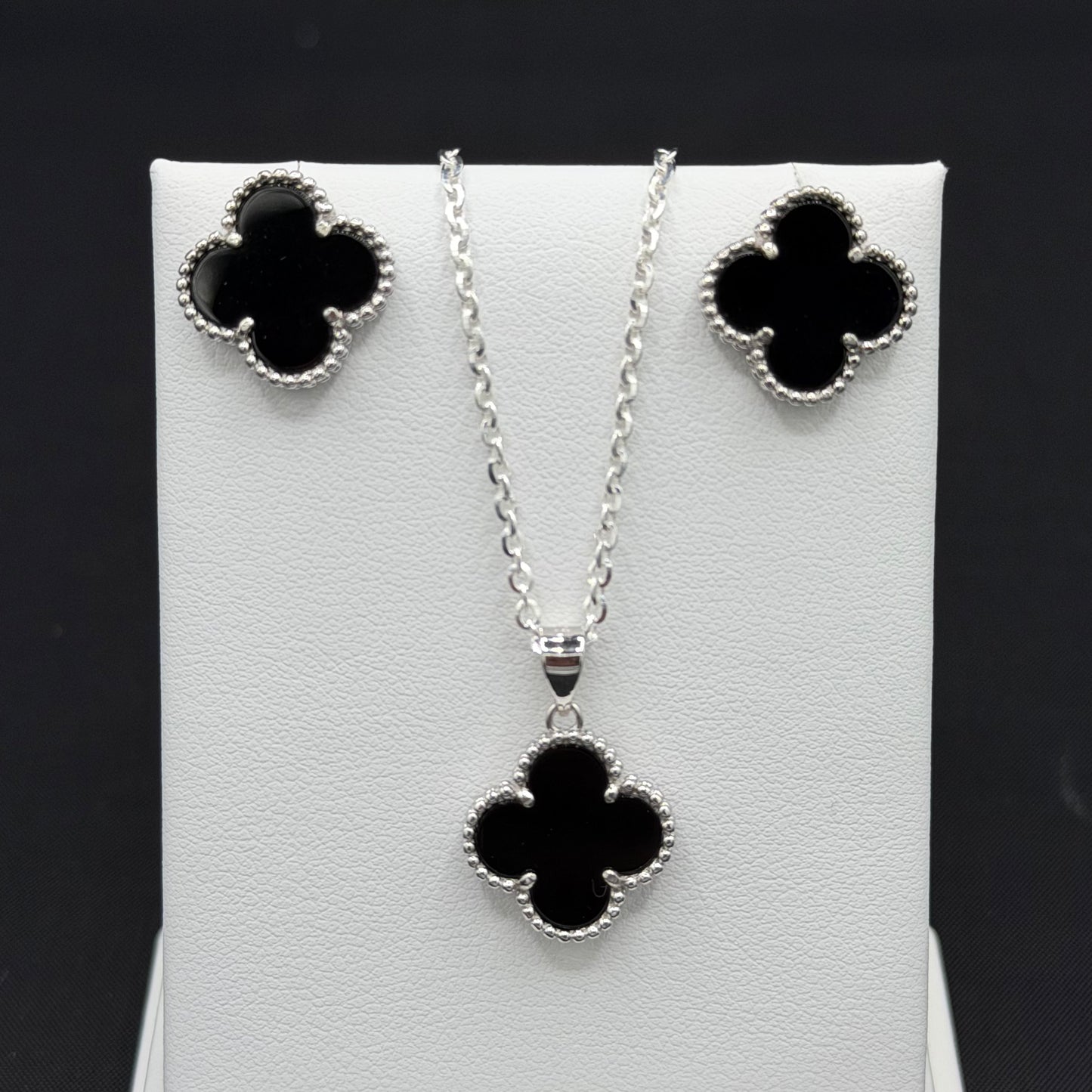 Black Clover Earrings with Push Back, Pendant, and 20" Rolo Chain Sterling Silver Set