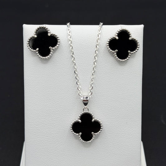 Black Clover Earrings with Push Back, Pendant, and 20" Rolo Chain Sterling Silver Set