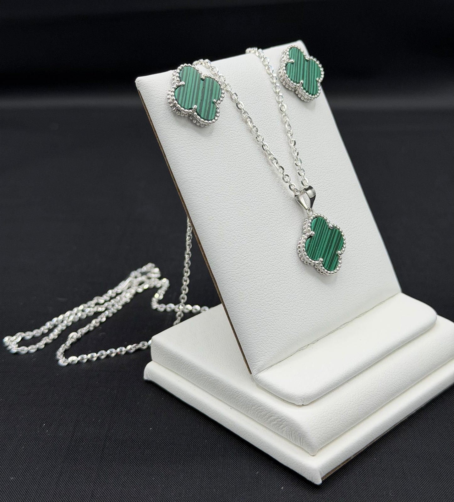 Green Striped Clover Earrings with Push Back, Pendant, and 20" Rolo Chain Sterling Silver Set