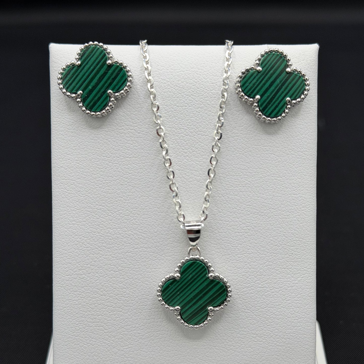 Green Striped Clover Earrings with Push Back, Pendant, and 20" Rolo Chain Sterling Silver Set