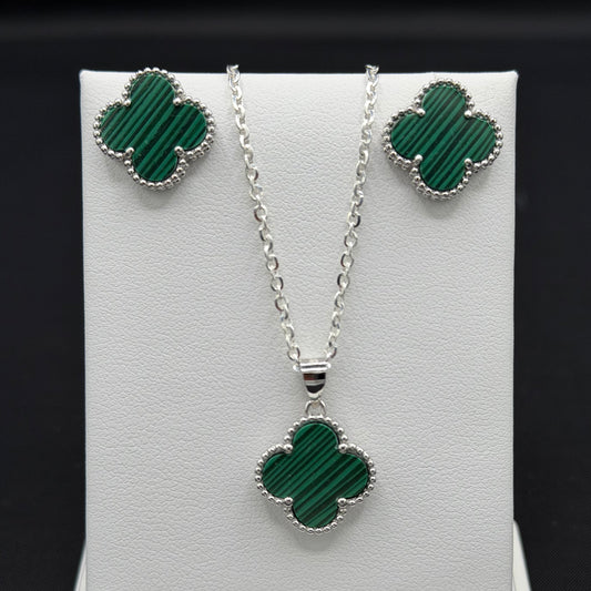 Green Striped Clover Earrings with Push Back, Pendant, and 20" Rolo Chain Sterling Silver Set