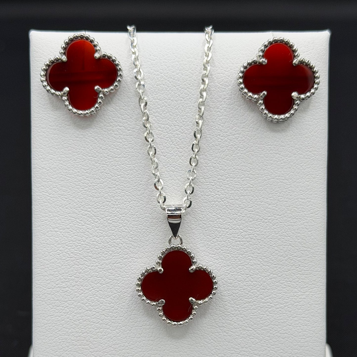 Red Clover Earrings with Push Back, Pendant, and 20" Rolo Chain Sterling Silver Set