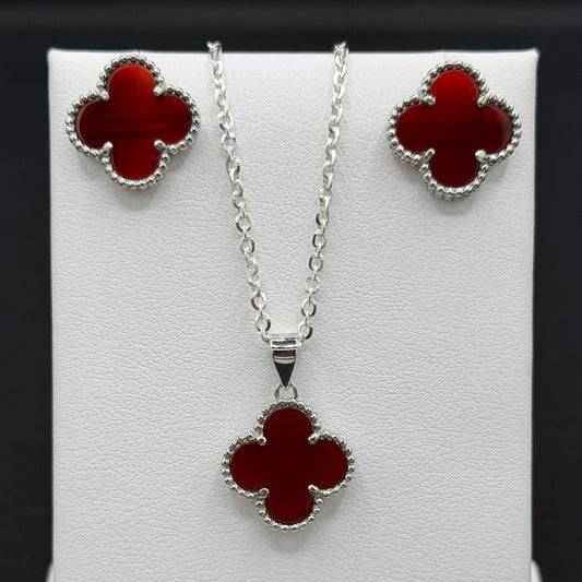 Red Clover Earrings with Push Back, Pendant, and 20" Rolo Chain Sterling Silver Set