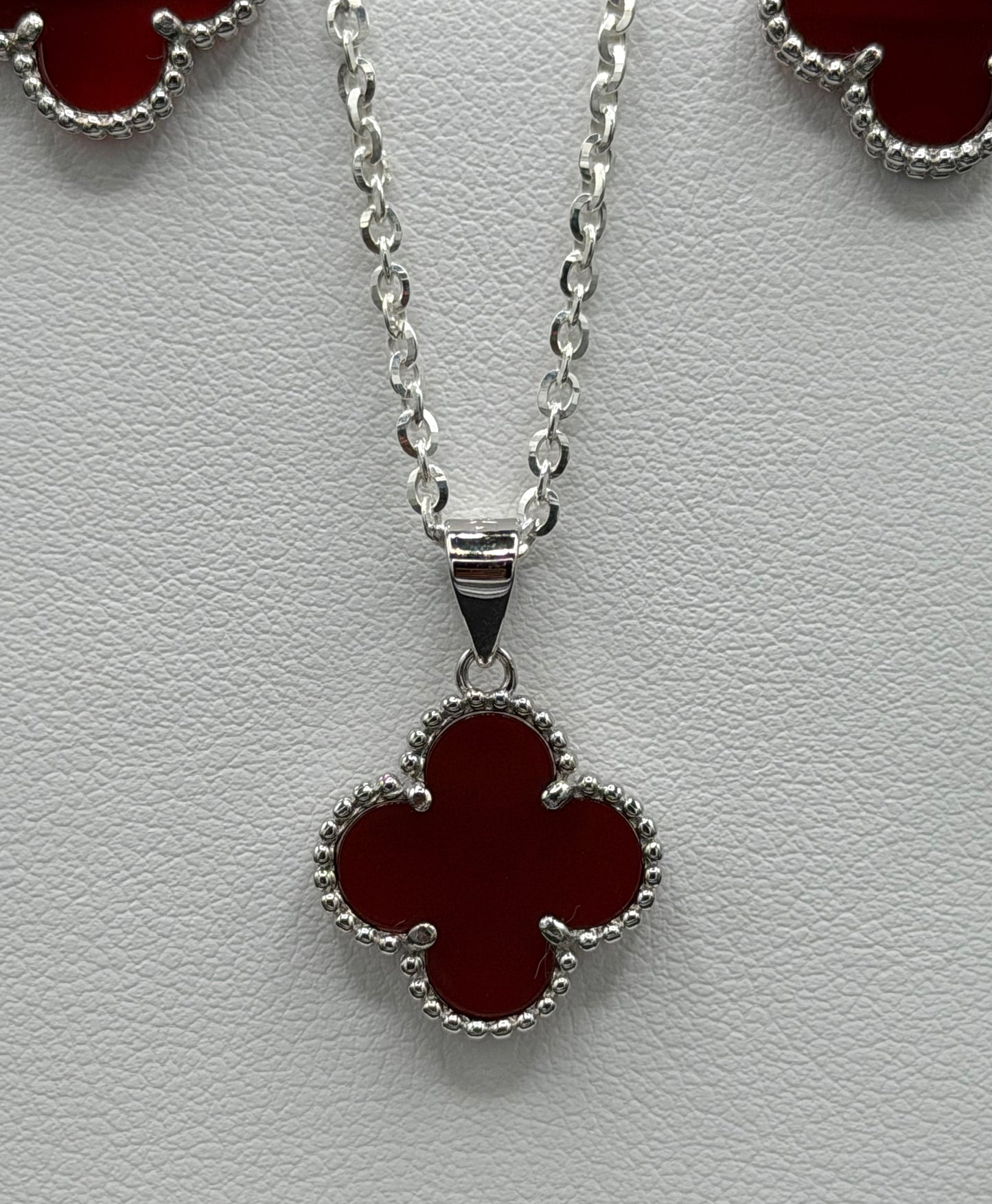 Red Clover Earrings with Push Back, Pendant, and 20" Rolo Chain Sterling Silver Set
