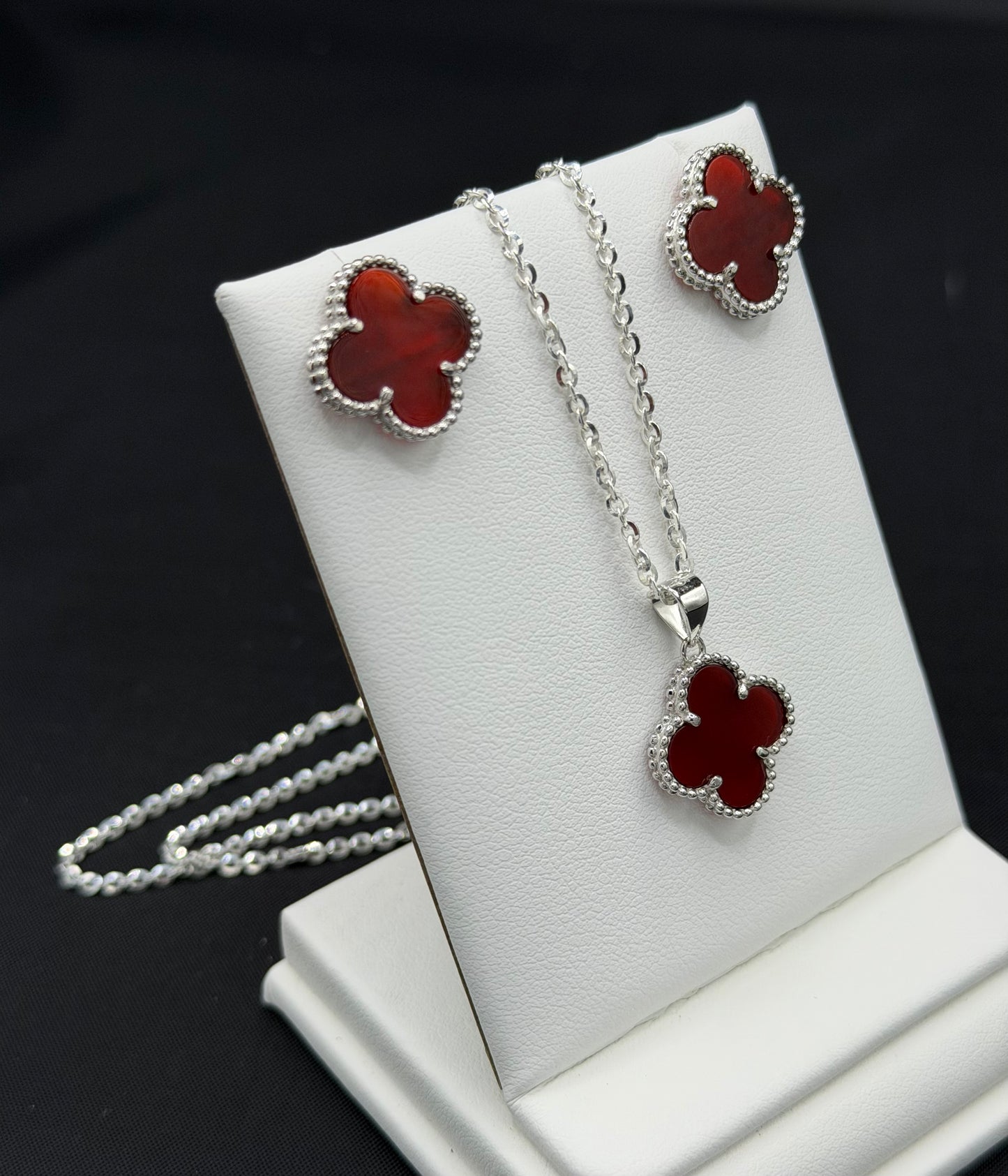 Red Clover Earrings with Push Back, Pendant, and 20" Rolo Chain Sterling Silver Set
