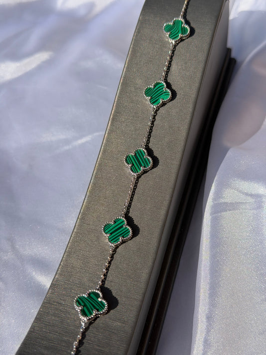 Green Striped Clover Sterling Silver Bracelet