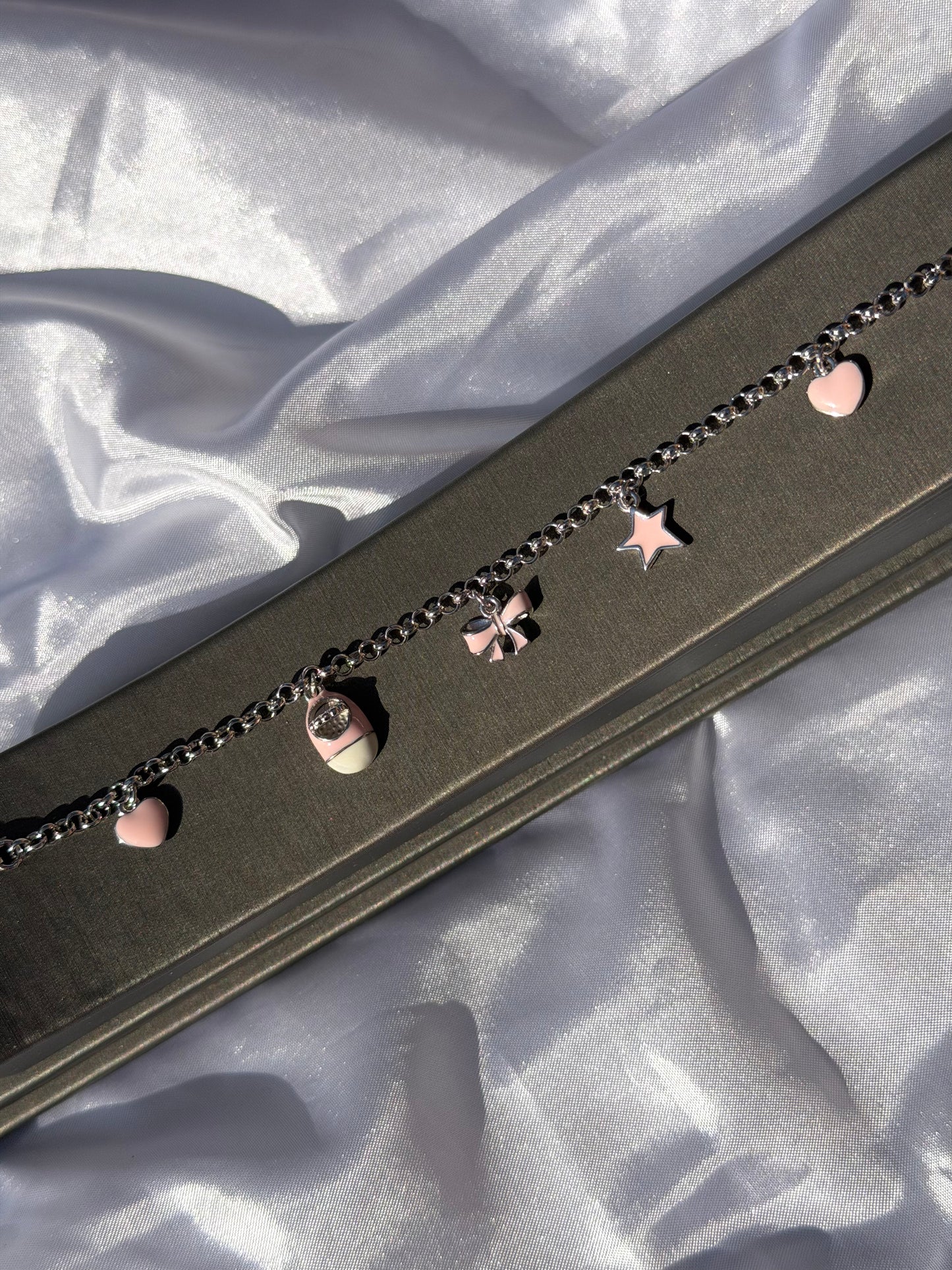 Pink Heart, Shoe, Bow, Star Sterling Silver Adjustable Bracelet