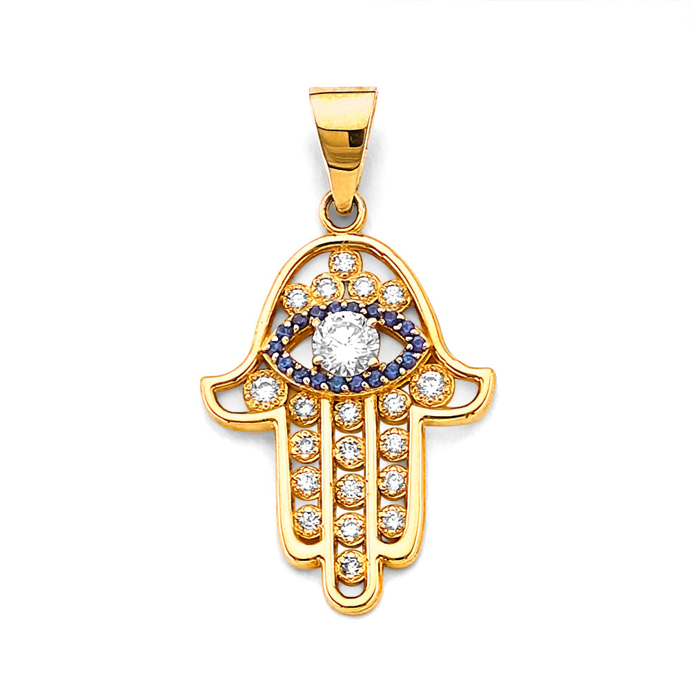 14KY CZ Hamsa Hand with Evil Eye Pendant